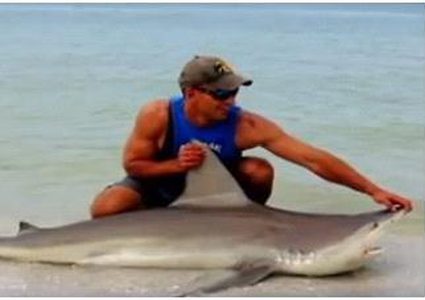 رجل يصطاد سمكة قرش بصنارة