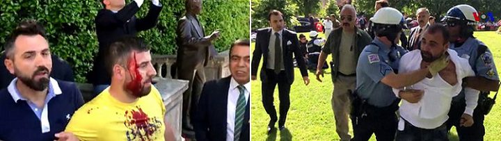 أردوغان يشاهد إعتداء حراسه على محتجين (فيديو)
