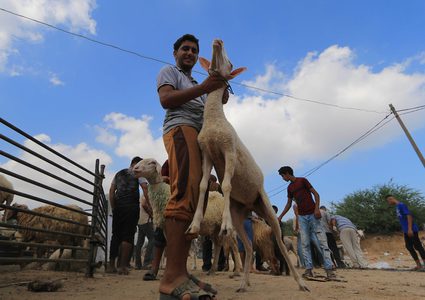 يجتمع الفلسطينيون في سوق الأسهم الحية ، قبل عيد الأضحى ، في وسط قطاع غزة في 20 أغسطس 2018.