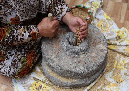 سيدة فلسطينية تطحن القمح بواسطة مطحنة حجرية داخل منزلها، في قرية جلبون بالقرب من مدينة جنين في الضفة الغربية.