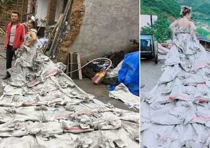 امرأة صينية تصنع فستان زفاف من أكياس الإسمنت!