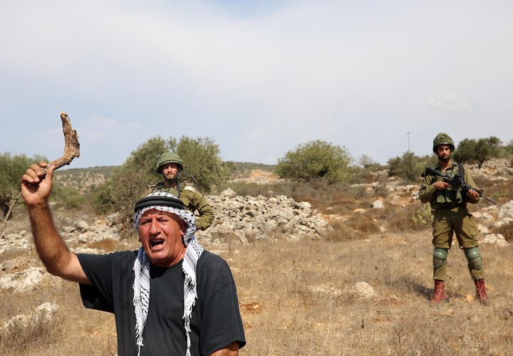 جنود الاحتلال يحاولون منع المزارعين الفلسطينيين من الوصول إلى مزارعهم لحصد الزيتون في قرية الساوية بالقرب من مستوطنةرحيليم، في محافظة نابلس.