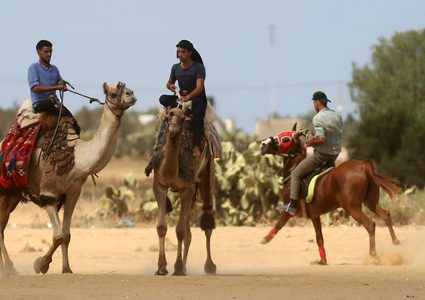 فلسطينيون يؤدون الرقص التقليدي خلال مهرجان تراثي على الحدود بين إسرائيل وغزة.