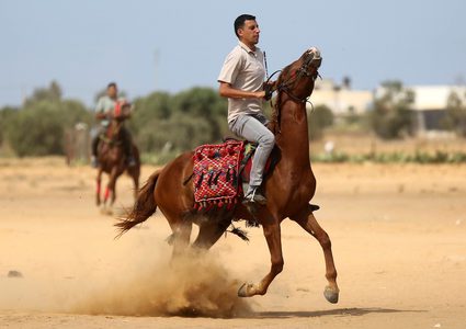 فلسطينيون يؤدون الرقص التقليدي خلال مهرجان تراثي على الحدود بين إسرائيل وغزة.