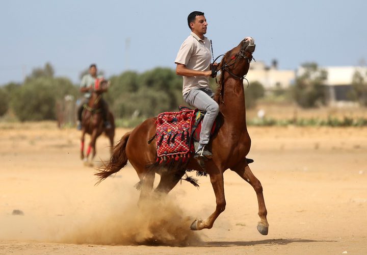 فلسطينيون يؤدون الرقص التقليدي خلال مهرجان تراثي على الحدود بين إسرائيل وغزة.