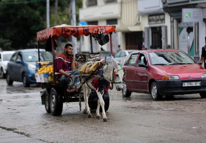 فلسطينيون يسيرون في شارع غمرته المياه في يوم ممطر في مدينة غزة