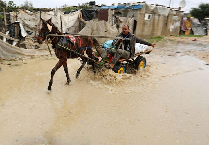 رجل فلسطيني يركب عربة خيل في يوم ممطر في مخيم نهر البارد للاجئين في خان يونس جنوب قطاع غزة في 30 كانون الأول / ديسمبر ، 2018.