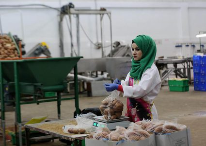 عاملات فلسطينيات يعملن في مصنع رقائق البطاطس المجمدة ، في بيت حانون في شمال قطاع غزة ، في 22 يناير ، 2019. تم غسل البطاطا وتقشيرها ويتم فحصها للتأكد من كدماتها وتلفها قبل التعبئة.