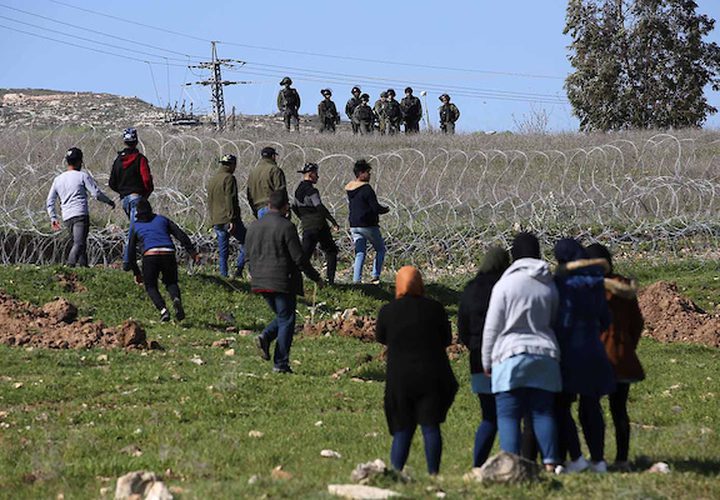 منع قوات الأمن الإسرائيلية الطلاب الفلسطينيين في مدرسة بورين من زراعة أشجار الزيتون في قرية بورين بالقرب من مدينة نابلس بالضفة الغربية في 5 فبراير 2019.