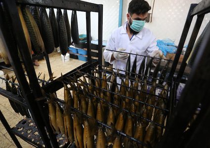 عمال فلسطينيون يعدون الماكريل للتدخين قبل البيع لعطلة عيد الفطر ، الذي يصادف نهاية شهر رمضان المبارك، في مخيم رفح للاجئين ، جنوب قطاع غزة