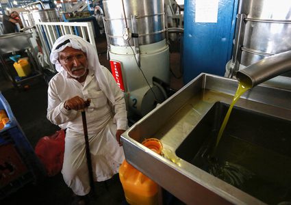 خلال عملية عصر الزيتون وتعبئته بمعصرة في دير البلح وسط قطاع غزة.