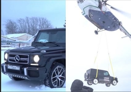 روسي "يتخلص" من سيارة مرسيدس في واد بواسطة هيليكوبتر