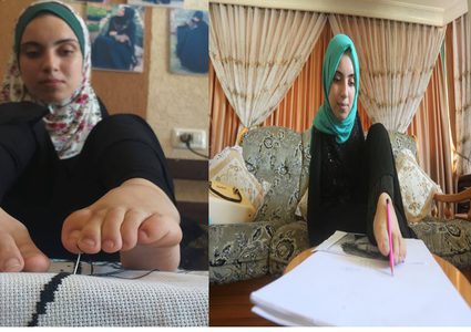 الفتاة اية مسعود من غزة ترسم وتطرز بقدميها