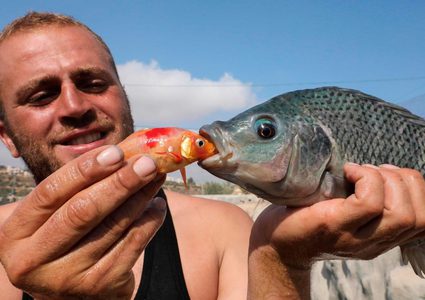 الشاب مراد أبو عرام يعمل في مشروعه لتربية الأسماك