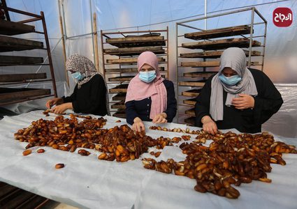 نساء يعملن في مصنع لانتاج عجوة التمر في دير البلح وسط قطاع غزة