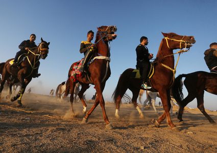 متسابقون يشاركون في سباق الهجن في المطار الدولي بمدينة رفح