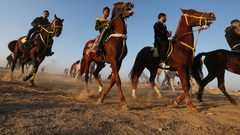 متسابقون يشاركون في سباق الهجن في المطار الدولي بمدينة رفح