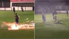 لاعب كرة قدم يتعرض لهجوم بالألعاب النارية