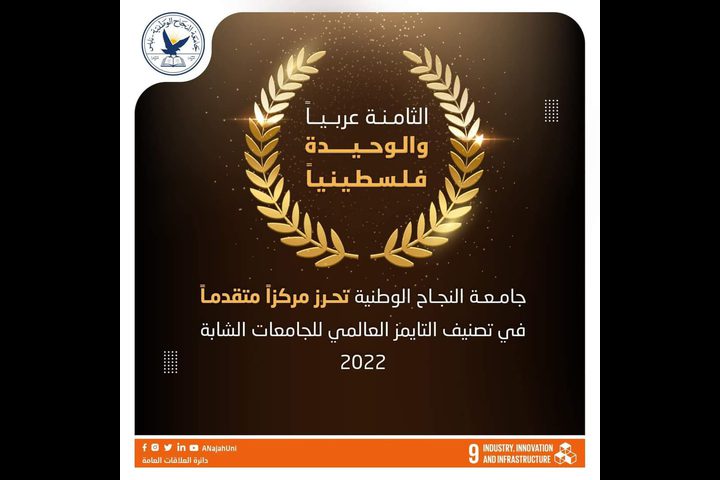 جامعة النجاح تحرز مركزاً متقدماً في تصنيف التايمز العالمي للجامعات الشابة 2022