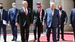 من اجتماع الملك الأردني عبد الله الثاني والأمير الحسين مع الرئيس محمود عباس وعدد من أعضاء القيادة الفلسطينية في مقر الرئاسة الفلسطينية بمدينة رام الله