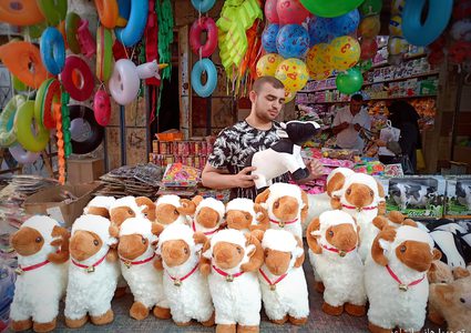 خان يونس: أجواء التسوق و شراء دُمى خراف العيد للأطفال قبيل عيد الأضحى