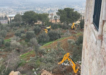 الاحتلال يجرف أراضي ويقتلع أشجارا ويعتقل مواطنين في بيت صفافا جنوب القدس