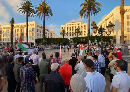 مظاهرة في العاصمة المغربية الرباط نصرة لغزة وفلسطين ورفضا للتطبيع.
