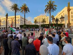 مظاهرة في العاصمة المغربية الرباط نصرة لغزة وفلسطين ورفضا للتطبيع.