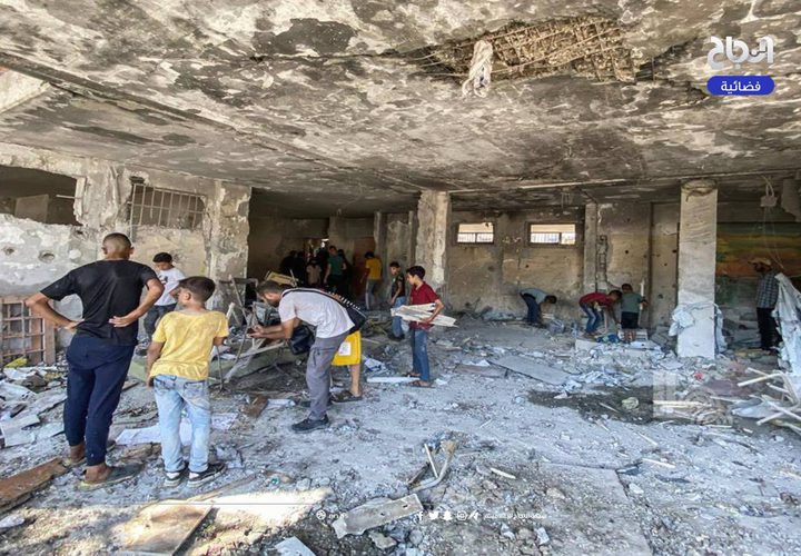 آثار الدمار الذي لحق بمدرسة عبد الفتاح حمود بعد استهدافها من طائرات الاحتلال