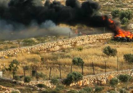 مستوطنون يسيجون طريقا ترابية ويضرمون النار في أراضي خربة يرزا في الأغوار