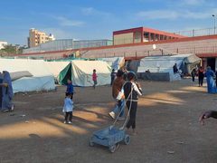 ملعب فلسطين الدولي بات اليوم مكاناً يؤوي النازحين بمدينة غزة في ظل التهجير القسري جراء استمرار حرب الإبادة .