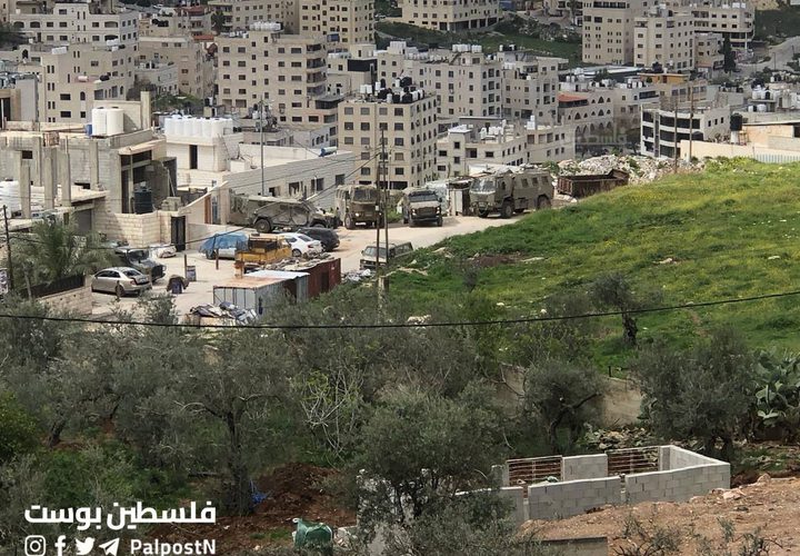 انتشار آليات الاحتلال في مخيم العين ومحيطه غرب نابلس خلال الاقتحام الواسع؛ وإجبار العائلات على الخروج من منازلها تحت تهديد السلاح
