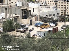 انتشار آليات الاحتلال في مخيم العين ومحيطه غرب نابلس خلال الاقتحام الواسع؛ وإجبار العائلات على الخروج من منازلها تحت تهديد السلاح