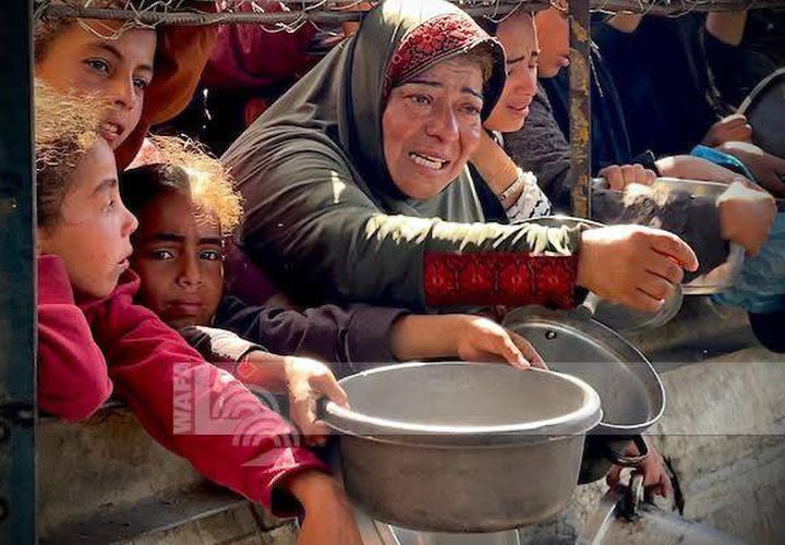 مواطنون يتدافعون للحصول على الطعام في مواصي خان يونس جنوب قطاع غزة