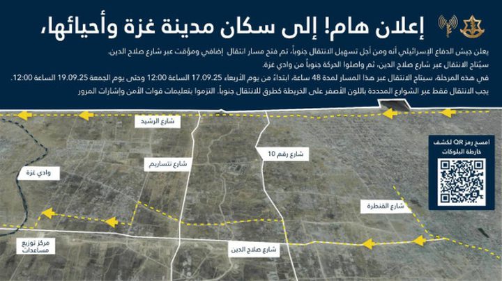 جيش الاحتلال يُعلن فتح ممراً مؤقتاً عبر شارع صلاح الدين لنزوح سكان غزة جنوباً