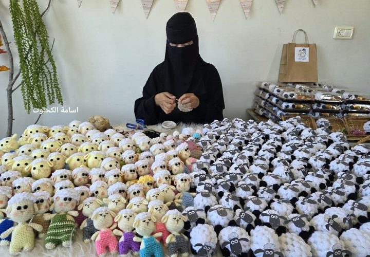 فاطمة ابو حطب تصنع دمى خرفان ضمن مبادرة لتوزيعها على الاطفال وادخال الفرحة عليهم ابتهاحا بقدوم عيد الاضحى، في ظل استمرار الحرب على قطاع غزة ومنع ادخال الاضاحي الى القطاع للعام الثالث على التوالي