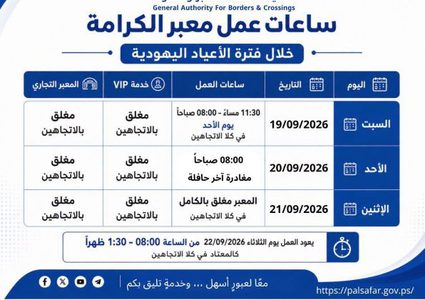 تعديل ساعات عمل معبر الكرامة خلال الأعياد اليهودية