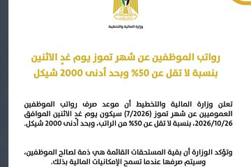 رواتب الموظفين عن شهر تموز يوم غدٍ الاثنين بنسبة لا تقل عن 50%